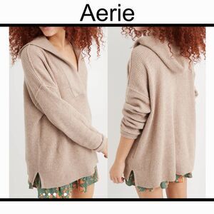Aerie CozyUp Waffle Sweater Hoodie Oatmeal Size Small